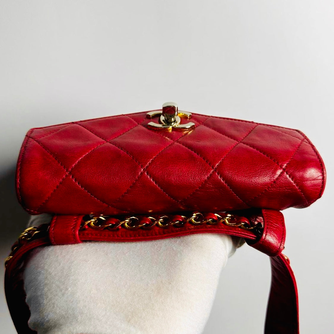 Chanel Cherry Red GHW Giant CC Logo Quilted Lambskin Turnlock 2-Way Vintage Belt Waist Shoulder Sling Bag Clutch Pouch
