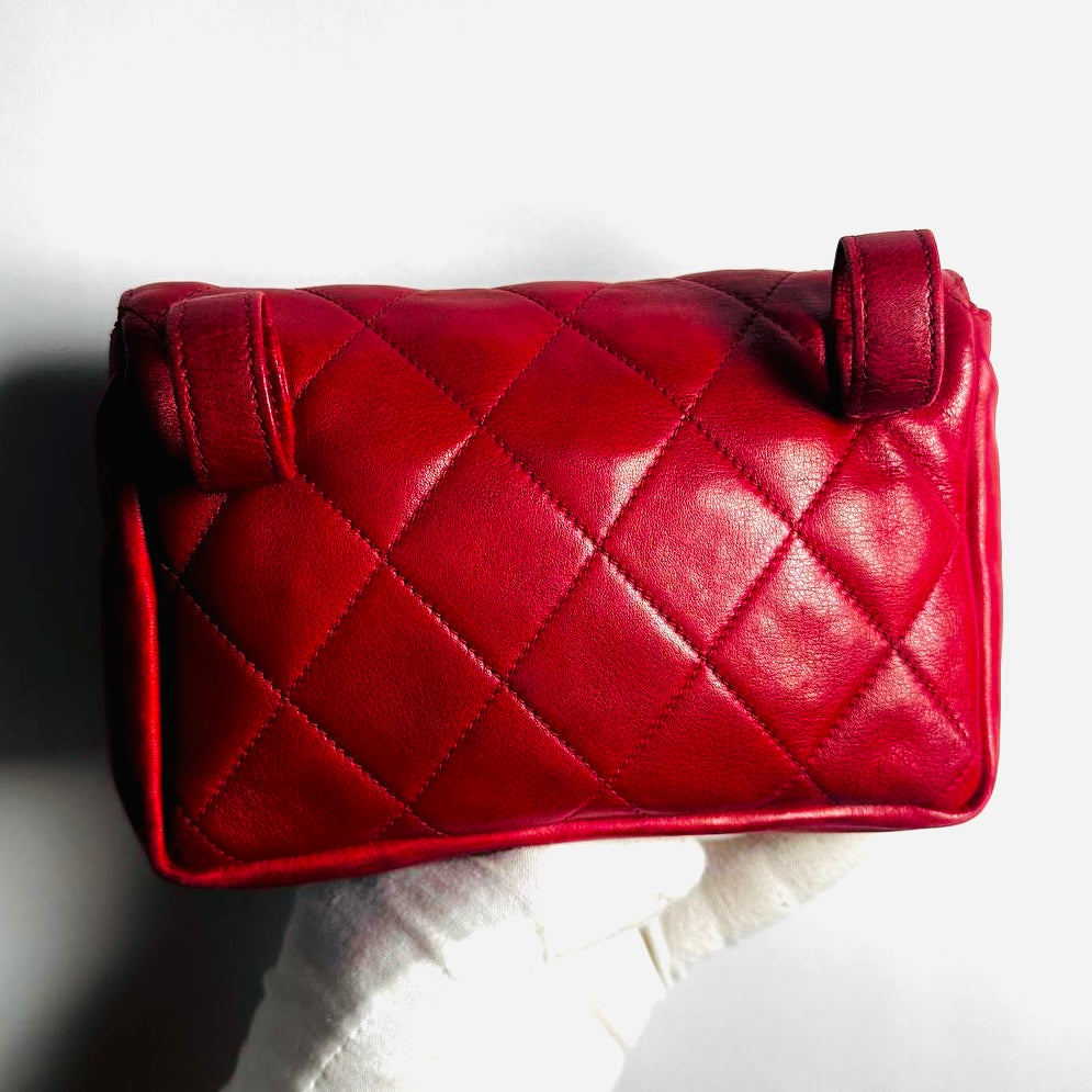 Chanel Cherry Red GHW Giant CC Logo Quilted Lambskin Turnlock 2-Way Vintage Belt Waist Shoulder Sling Bag Clutch Pouch