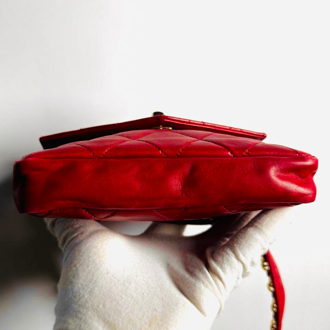 Chanel Cherry Red GHW Giant CC Logo Quilted Lambskin Turnlock 2-Way Vintage Belt Waist Shoulder Sling Bag Clutch Pouch