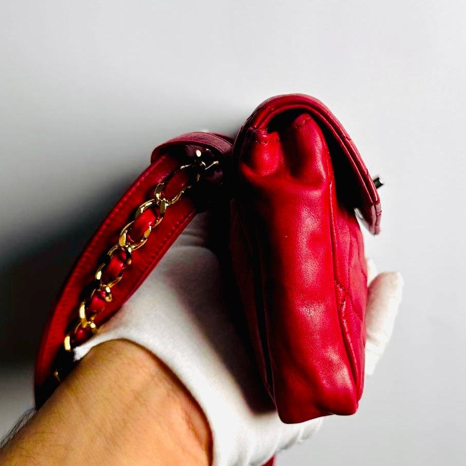Chanel Cherry Red GHW Giant CC Logo Quilted Lambskin Turnlock 2-Way Vintage Belt Waist Shoulder Sling Bag Clutch Pouch