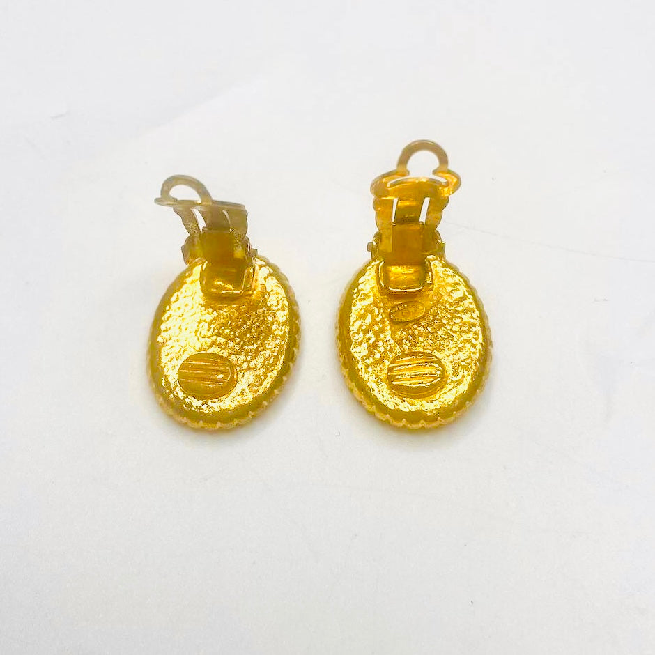 Chanel Giant Gold CC Monogram Logo Oval Clip On Vintage Earrings
