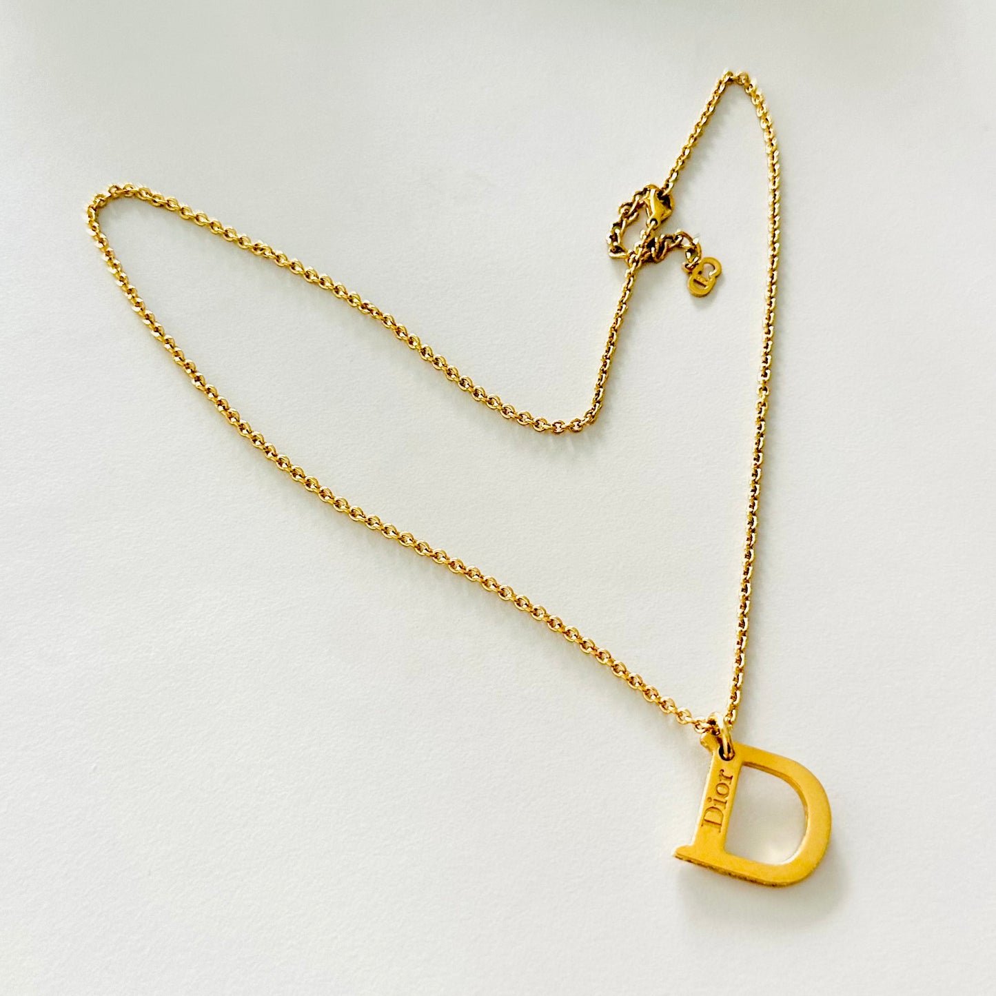 Christian Dior CD Gold Monogram Giant Logo Charm With Crystals Signature Classic Vintage Necklace