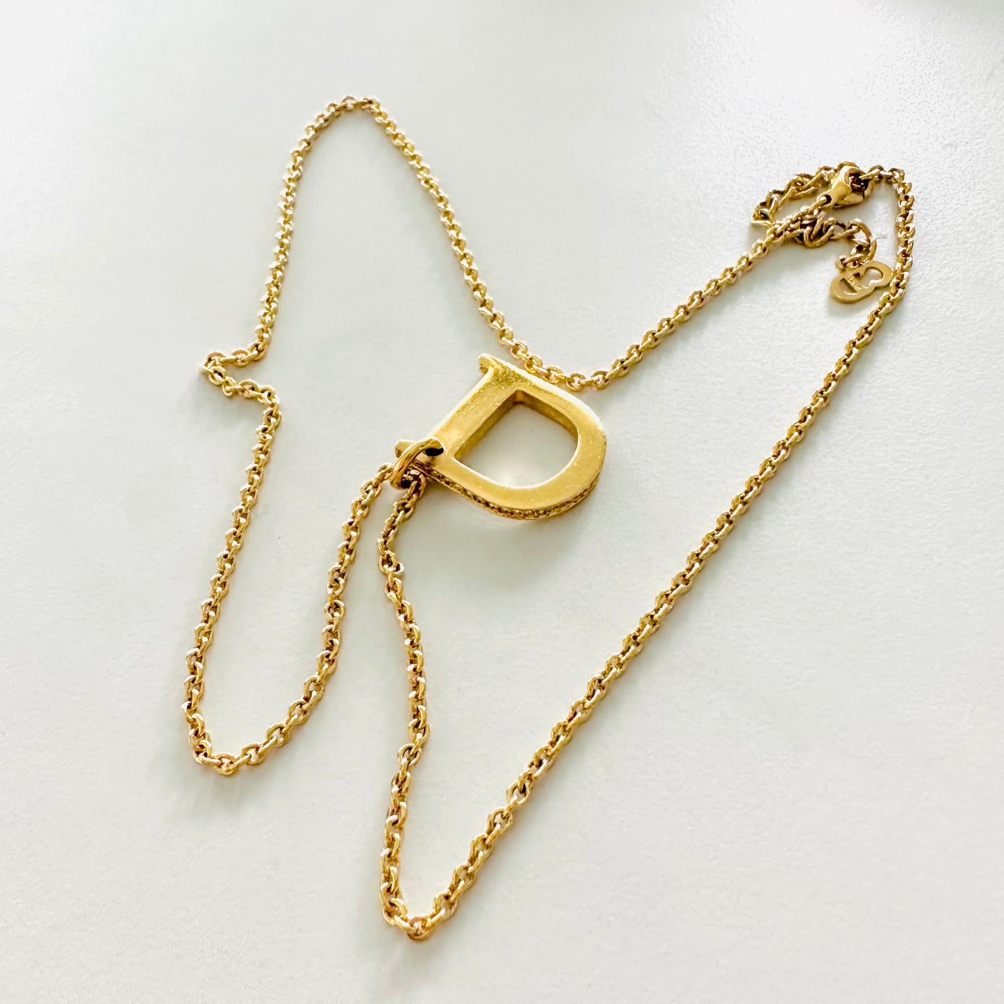Christian Dior CD Gold Monogram Giant Logo Charm With Crystals Signature Classic Vintage Necklace
