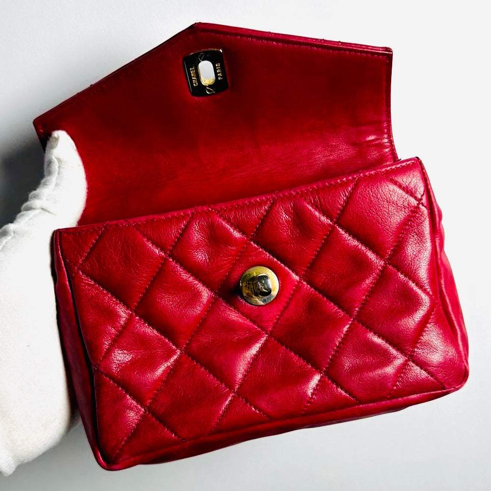 Chanel Cherry Red GHW Giant CC Logo Quilted Lambskin Turnlock 2-Way Vintage Belt Waist Shoulder Sling Bag Clutch Pouch