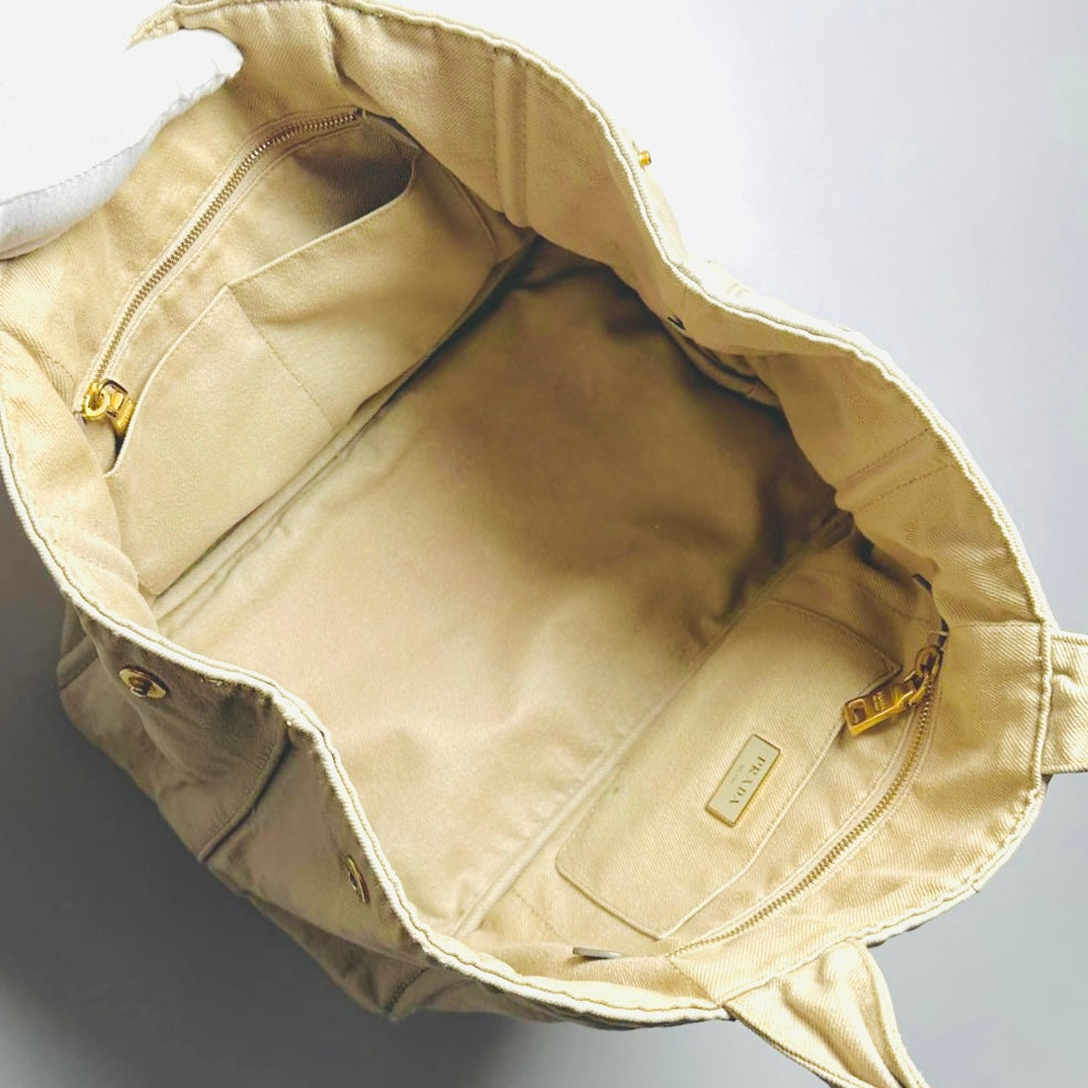 Prada Beige Cream GHW Canapa Small Monogram Logo Shopper Tote Bag