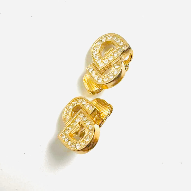 Christian Dior CD Giant Monogram Logo Gold & Crystals Clip On Earrings