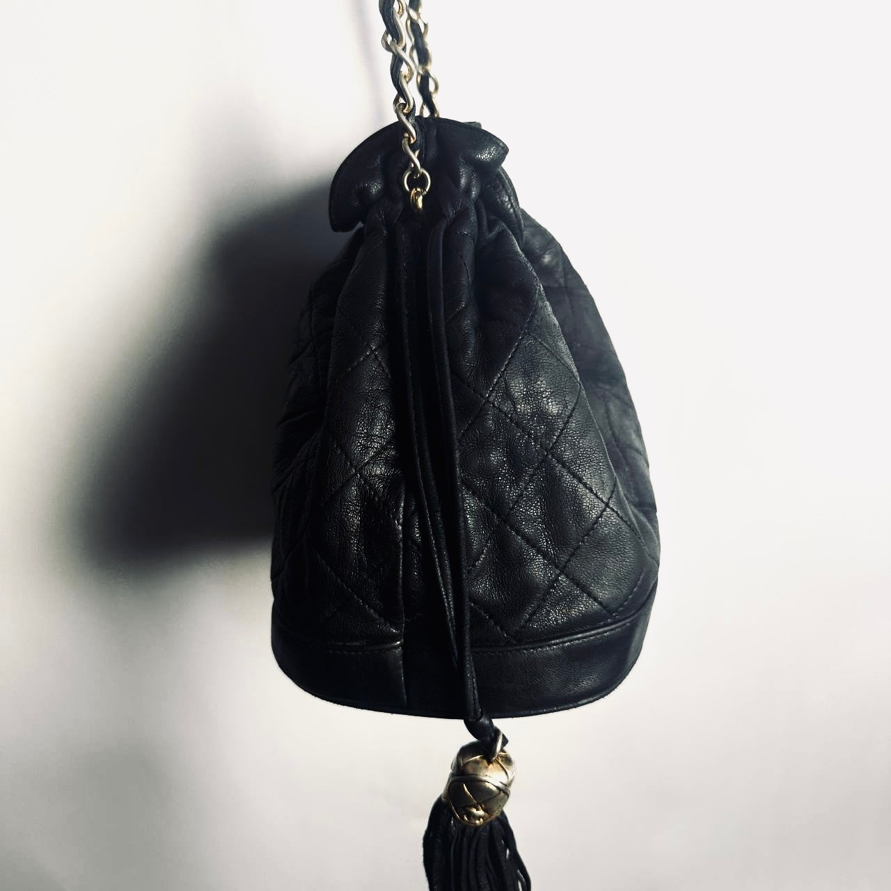 Chanel Black GHW CC Monogram Logo Quilted Lambskin Vintage Bucket Shoulder Sling Bag 1s With Double Tassels