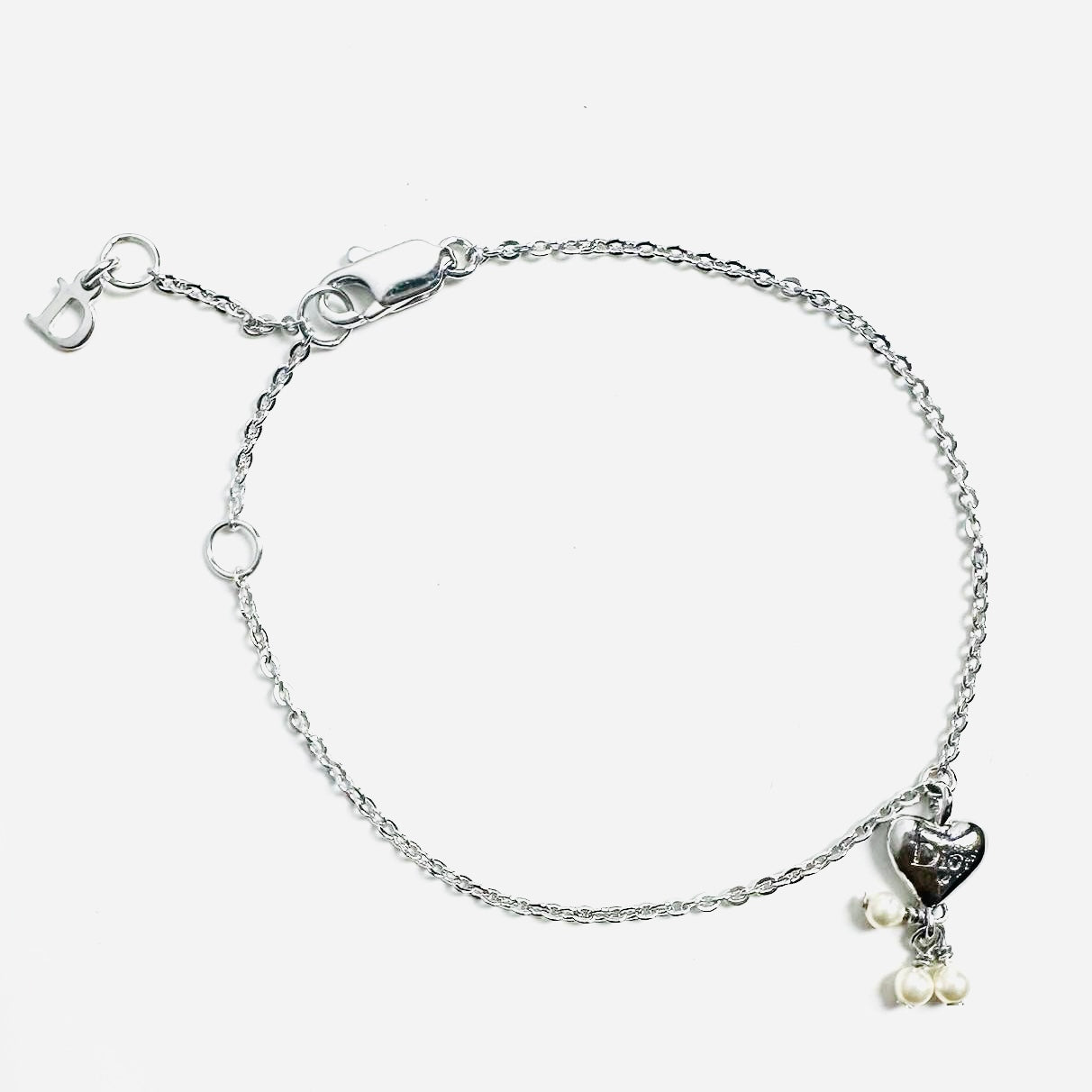 Christian Dior CD Monogram Logo Heart Charms Silver Bracelet