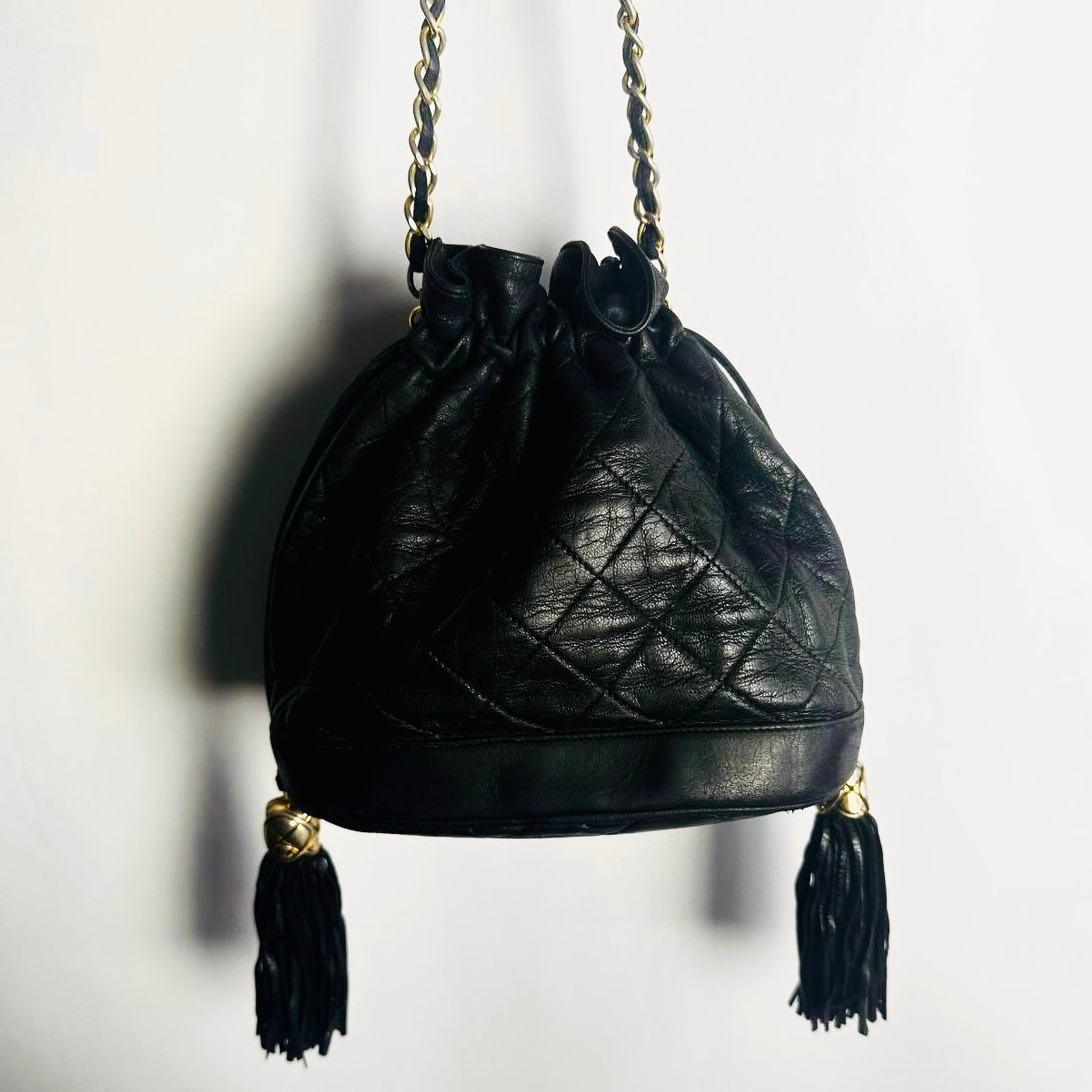 Chanel Black GHW CC Monogram Logo Quilted Lambskin Vintage Bucket Shoulder Sling Bag 1s With Double Tassels