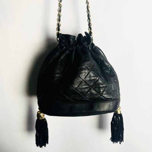 Chanel Black GHW CC Monogram Logo Quilted Lambskin Vintage Bucket Shoulder Sling Bag 1s With Double Tassels