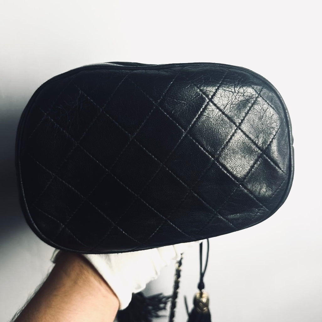 Chanel Black GHW CC Monogram Logo Quilted Lambskin Vintage Bucket Shoulder Sling Bag 1s With Double Tassels