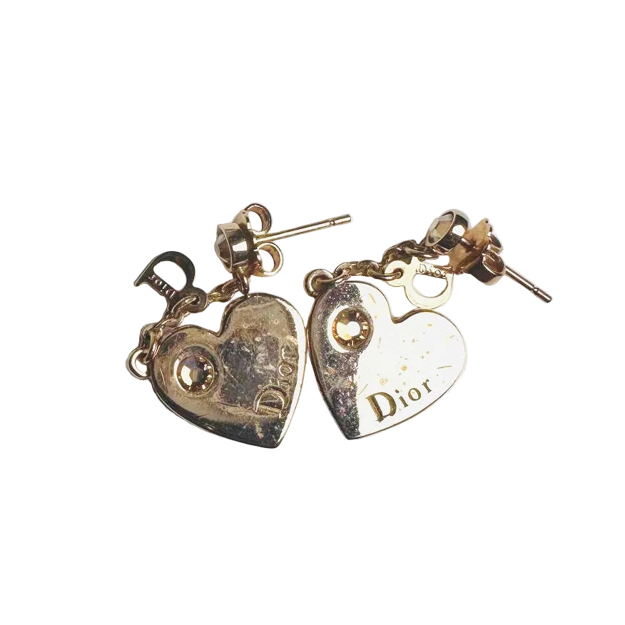 Christian Dior CD Gold Giant Heart Monogram Logo Dangling Stud Earrings