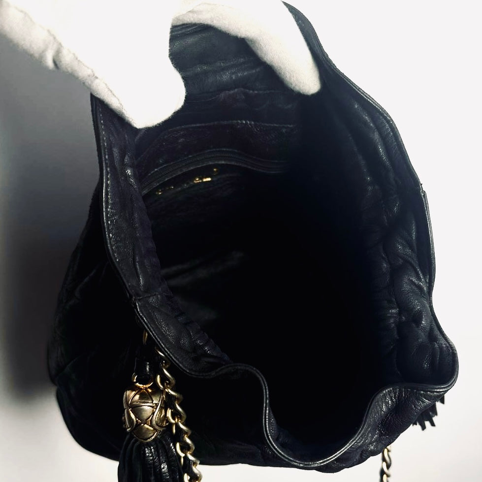 Chanel Black GHW CC Monogram Logo Quilted Lambskin Vintage Bucket Shoulder Sling Bag 1s With Double Tassels