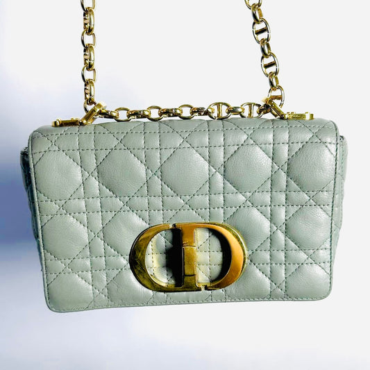 Christian Dior CD Caro Small 30 Montaigne Stone Grey / Gray GHW 2-Way Flap Turnlock Chain Shoulder Sling Bag Quilted Cannage Supple Calfskin