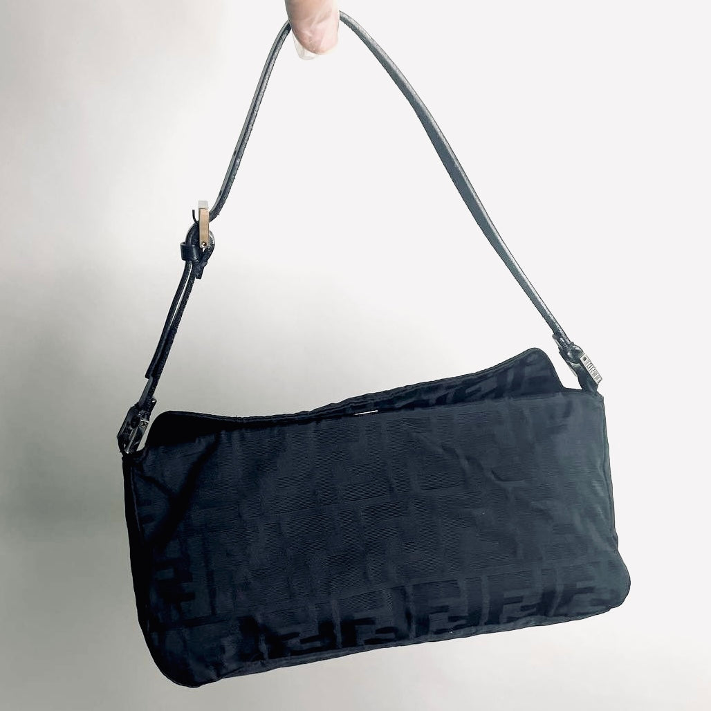 Fendi Zucca Black FF Monogram Logo Baguette Hobo Pochette Shoulder Flap Bag