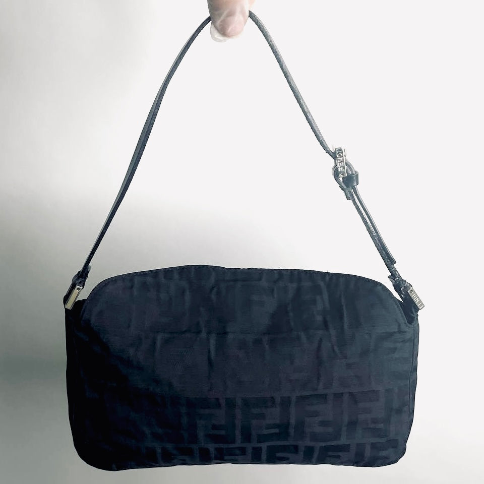 Fendi Zucca Black FF Monogram Logo Baguette Hobo Pochette Shoulder Flap Bag