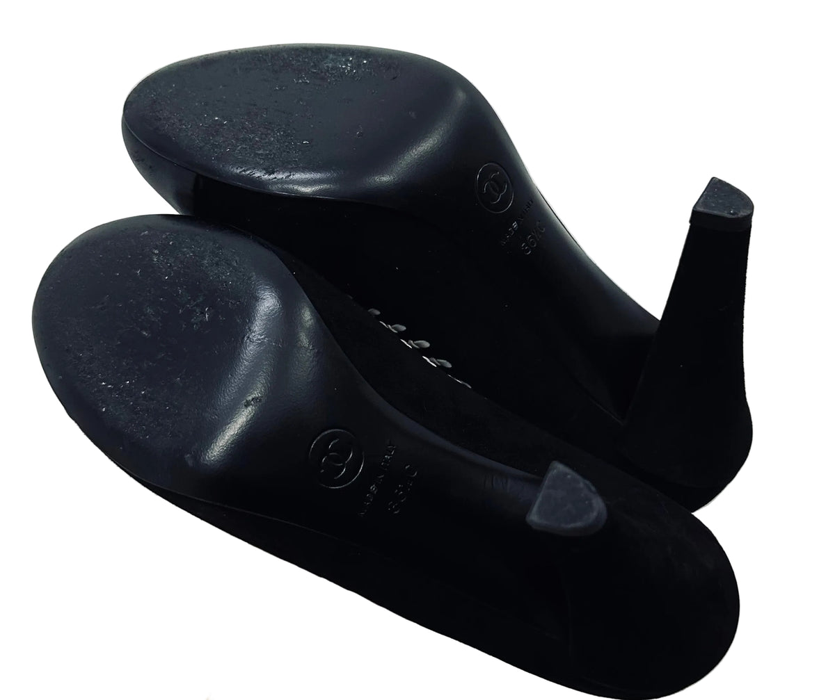 Chanel Classic Giant CC Logo Black Whipstitch Suede & Lambskin Leather Closed Toe Bow Ballet Ballerina Mules Heels Pumps Shoes