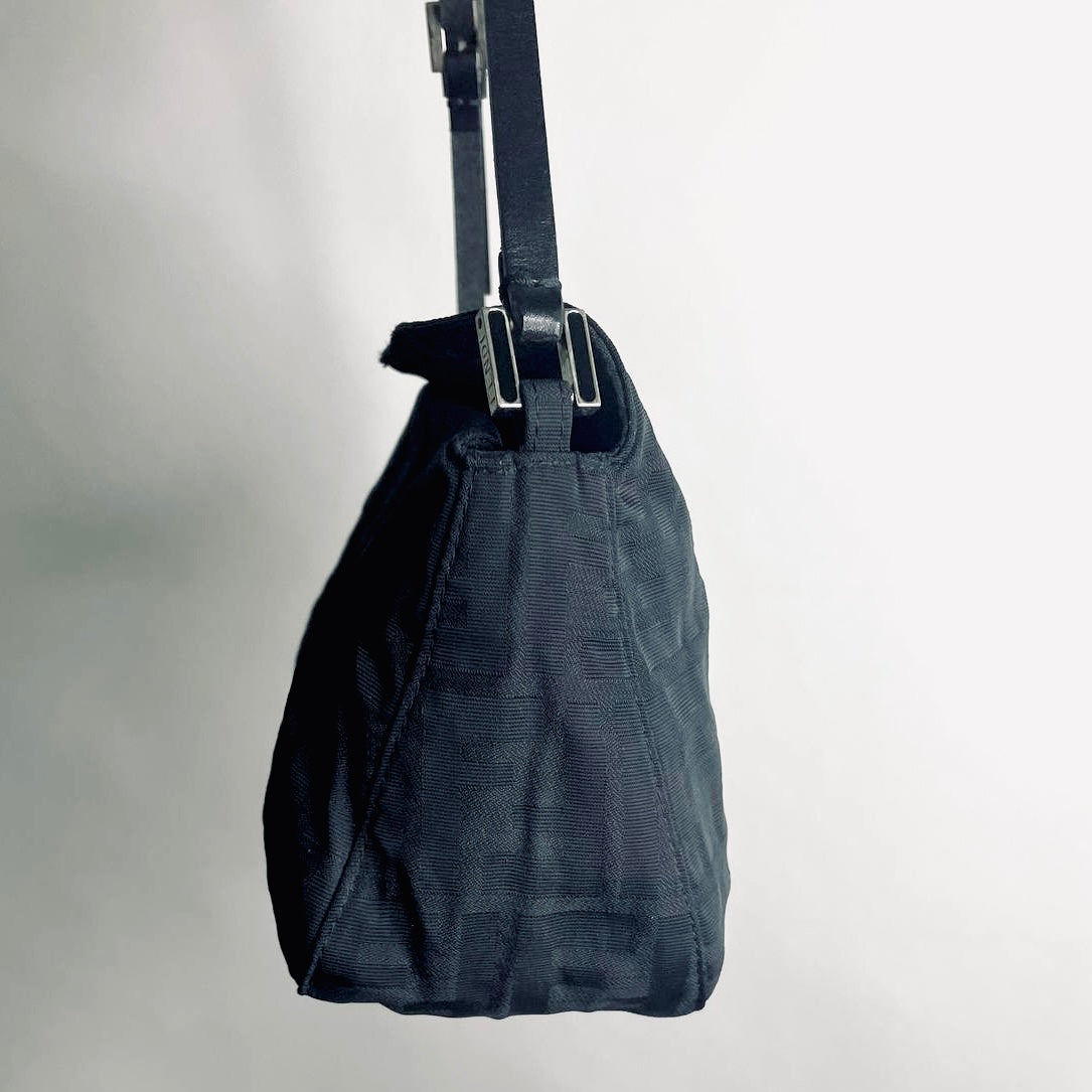 Fendi Zucca Black FF Monogram Logo Baguette Hobo Pochette Shoulder Flap Bag