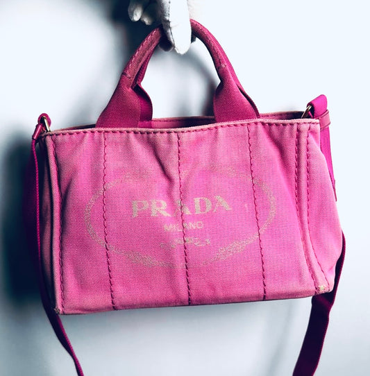 Prada Pink GHW Canapa Monogram Logo Small 2-Way Shopper Shoulder Sling Tote Bag