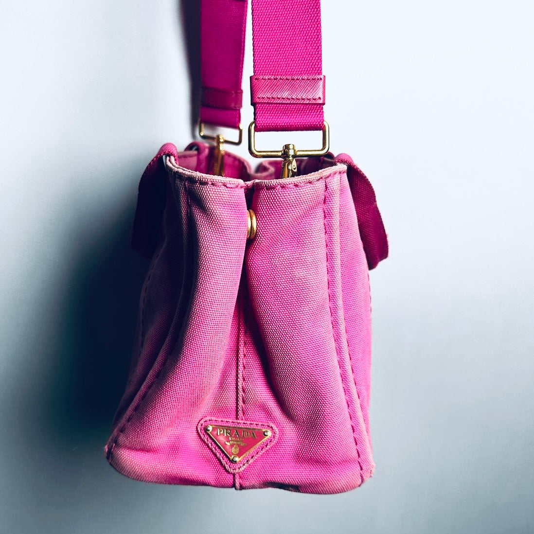 Prada Pink GHW Canapa Monogram Logo Small 2-Way Shopper Shoulder Sling Tote Bag