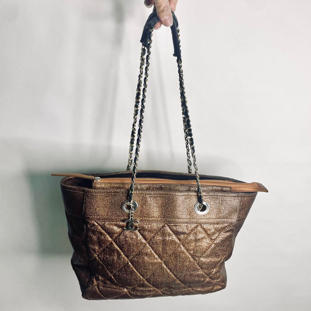 Chanel Dark Brown / Bronze Paris Biarritz CC Monogram Logo Quilted Coated Fabric & Leather Shopper Shoulder Chain Straps Tote Bag 13s