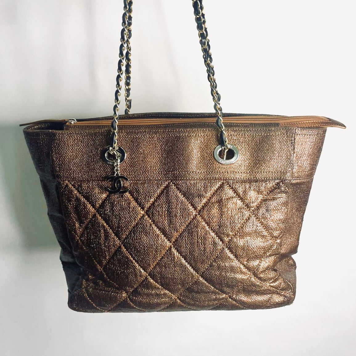 Chanel Dark Brown / Bronze Paris Biarritz CC Monogram Logo Quilted Coated Fabric & Leather Shopper Shoulder Chain Straps Tote Bag 13s
