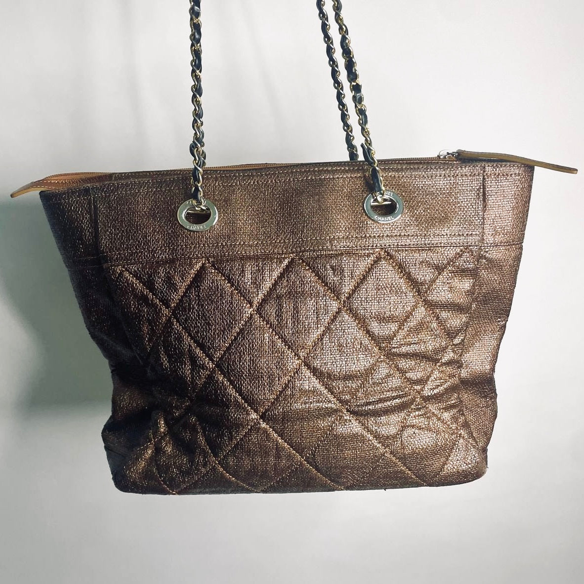 Chanel Dark Brown / Bronze Paris Biarritz CC Monogram Logo Quilted Coated Fabric & Leather Shopper Shoulder Chain Straps Tote Bag 13s