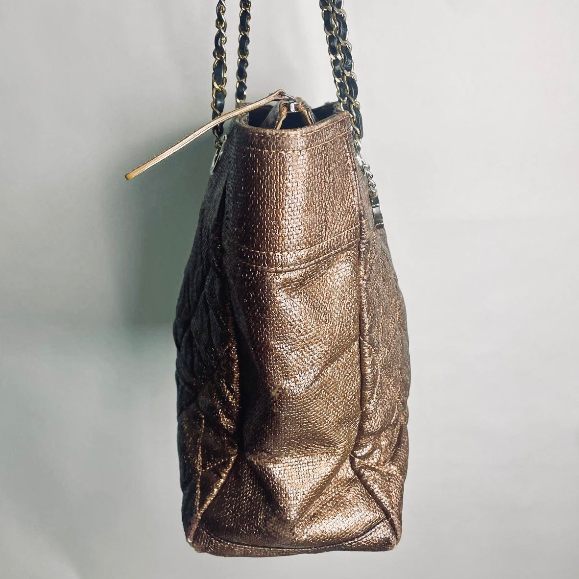Chanel Dark Brown / Bronze Paris Biarritz CC Monogram Logo Quilted Coated Fabric & Leather Shopper Shoulder Chain Straps Tote Bag 13s