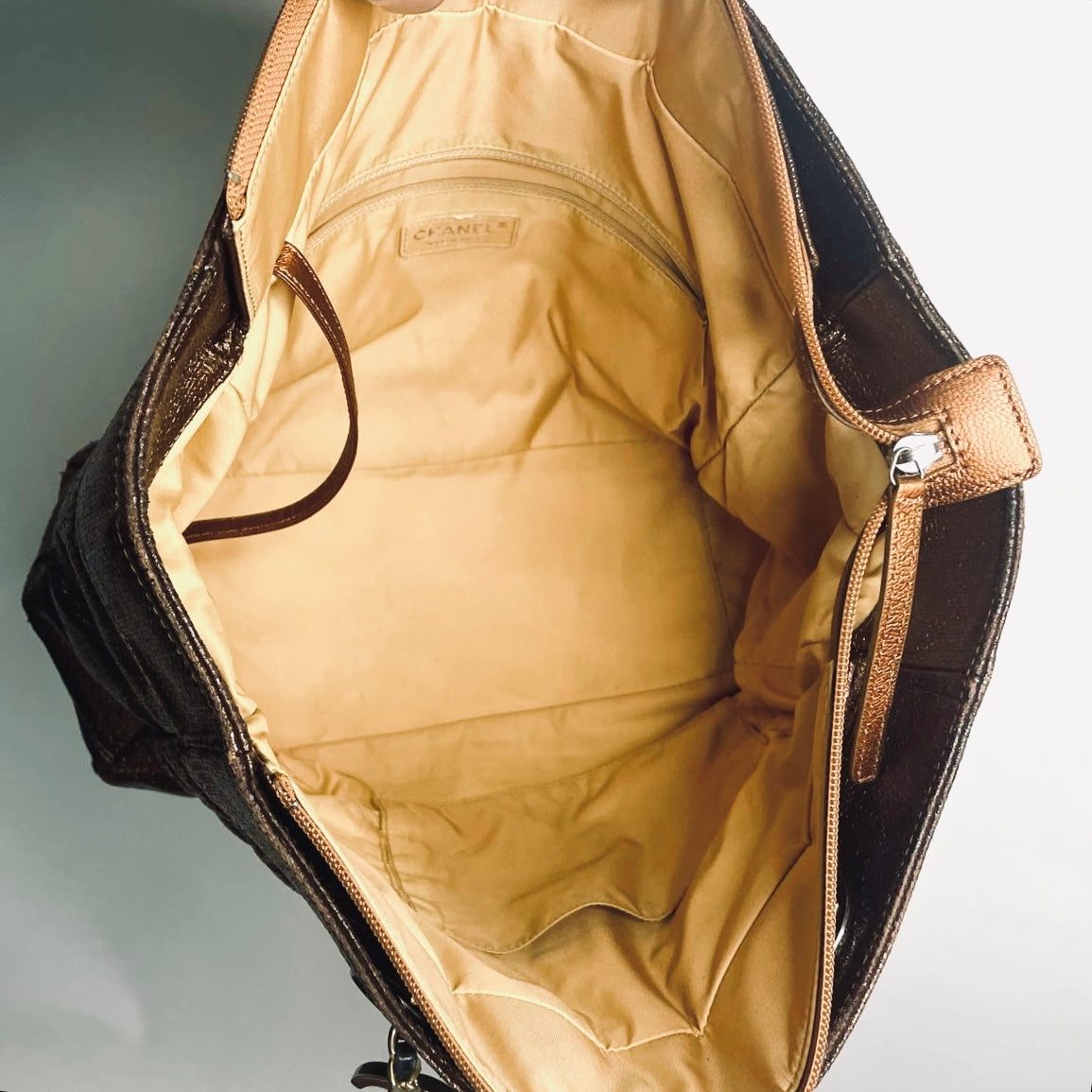 Chanel Dark Brown / Bronze Paris Biarritz CC Monogram Logo Quilted Coated Fabric & Leather Shopper Shoulder Chain Straps Tote Bag 13s
