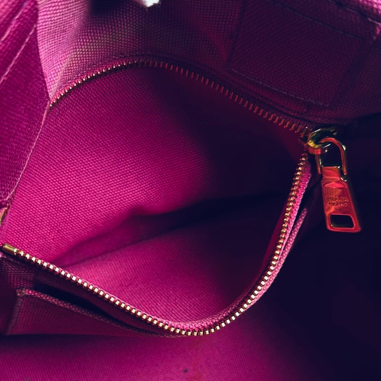 Prada Pink GHW Canapa Monogram Logo Small 2-Way Shopper Shoulder Sling Tote Bag