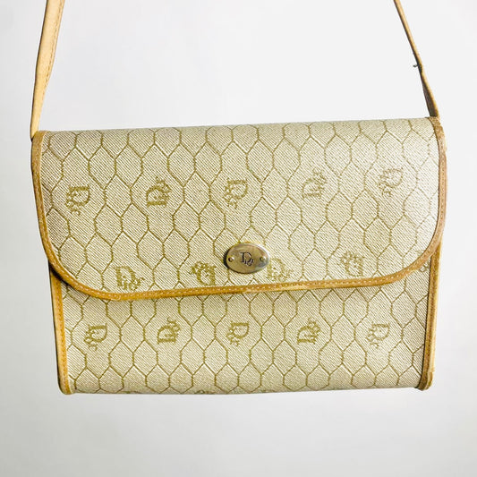Christian Dior CD Beige Honeycomb GHW Oblique Monogram Logo Vintage Flap Shoulder Sling Bag