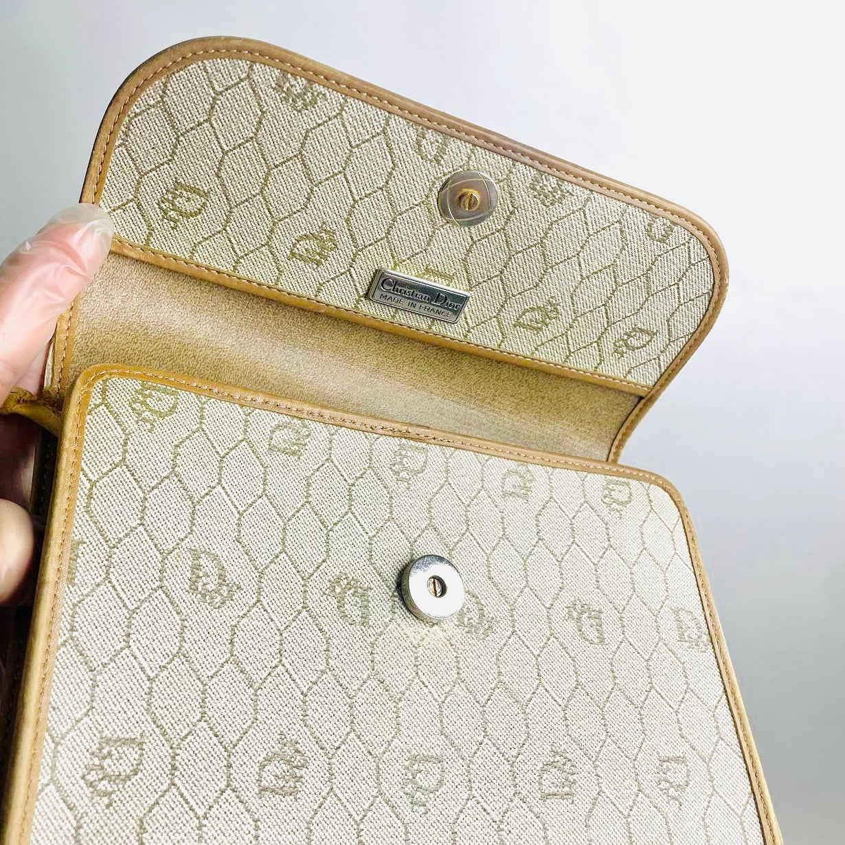 Christian Dior CD Beige Honeycomb GHW Oblique Monogram Logo Vintage Flap Shoulder Sling Bag