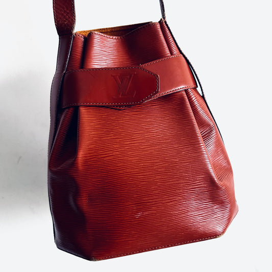Louis Vuitton LV Dark Burnt Red Sac Depaule Epi Leather Monogram Logo Bucket Shoulder Sling Bag