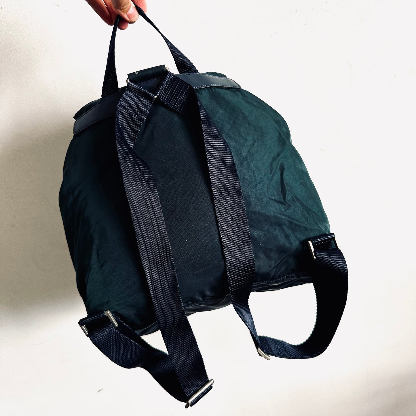 Prada Malachite Teal Tessuto Classic Logo Nylon & Leather Backpack Drawstring Bag