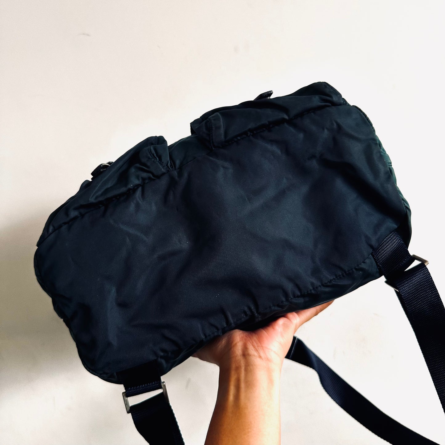 Prada Malachite Teal Tessuto Classic Logo Nylon & Leather Backpack Drawstring Bag