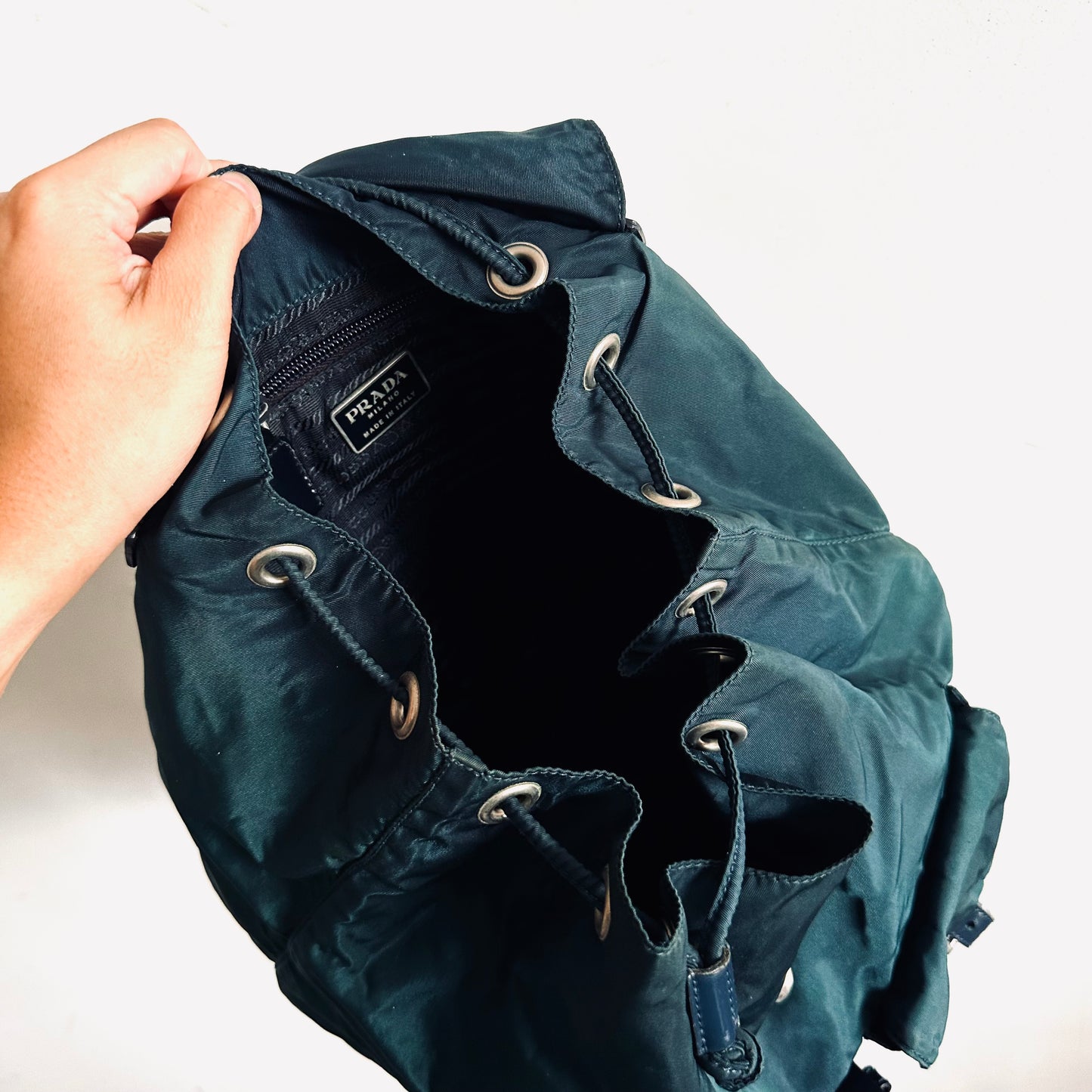 Prada Malachite Teal Tessuto Classic Logo Nylon & Leather Backpack Drawstring Bag