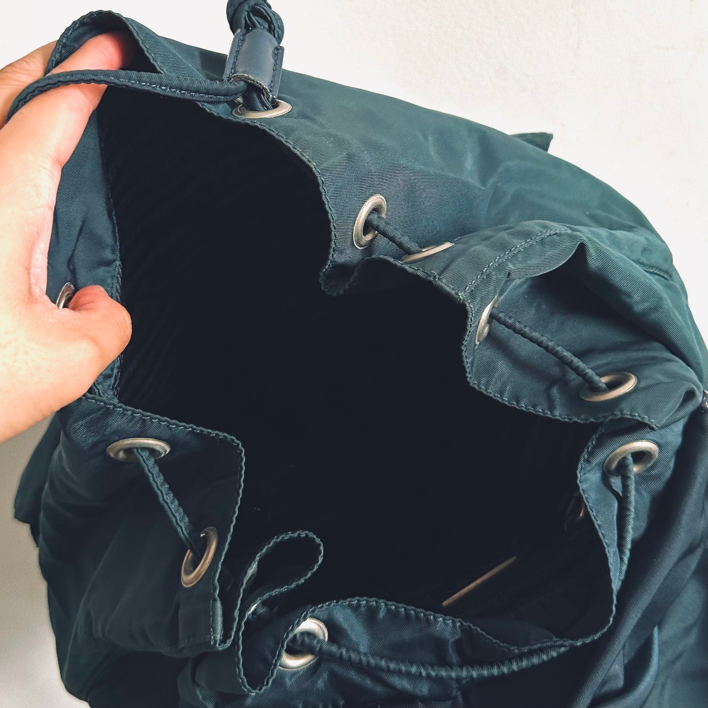 Prada Malachite Teal Tessuto Classic Logo Nylon & Leather Backpack Drawstring Bag