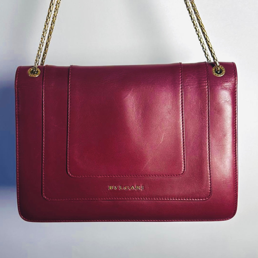 Bvlgari Bulgari Serpenti Forever Maroon Burgundy GHW Calfskin Leather Monogram Logo 2-Way Chain Shoulder Sling Flap Bag