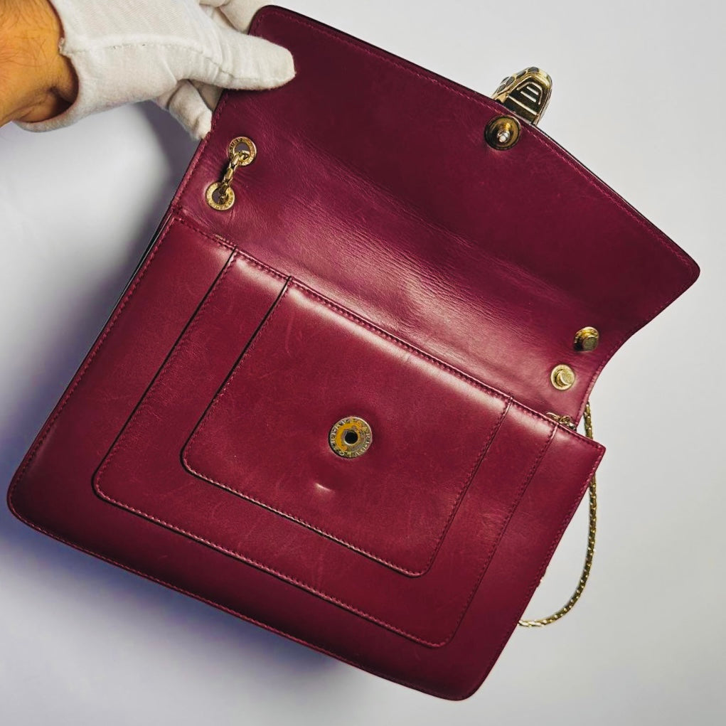 Bvlgari Bulgari Serpenti Forever Maroon Burgundy GHW Calfskin Leather Monogram Logo 2-Way Chain Shoulder Sling Flap Bag