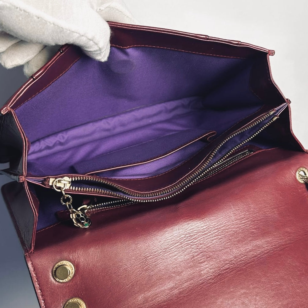 Bvlgari Bulgari Serpenti Forever Maroon Burgundy GHW Calfskin Leather Monogram Logo 2-Way Chain Shoulder Sling Flap Bag