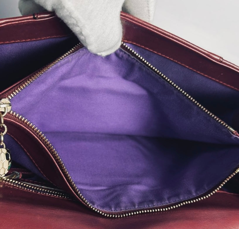 Bvlgari Bulgari Serpenti Forever Maroon Burgundy GHW Calfskin Leather Monogram Logo 2-Way Chain Shoulder Sling Flap Bag