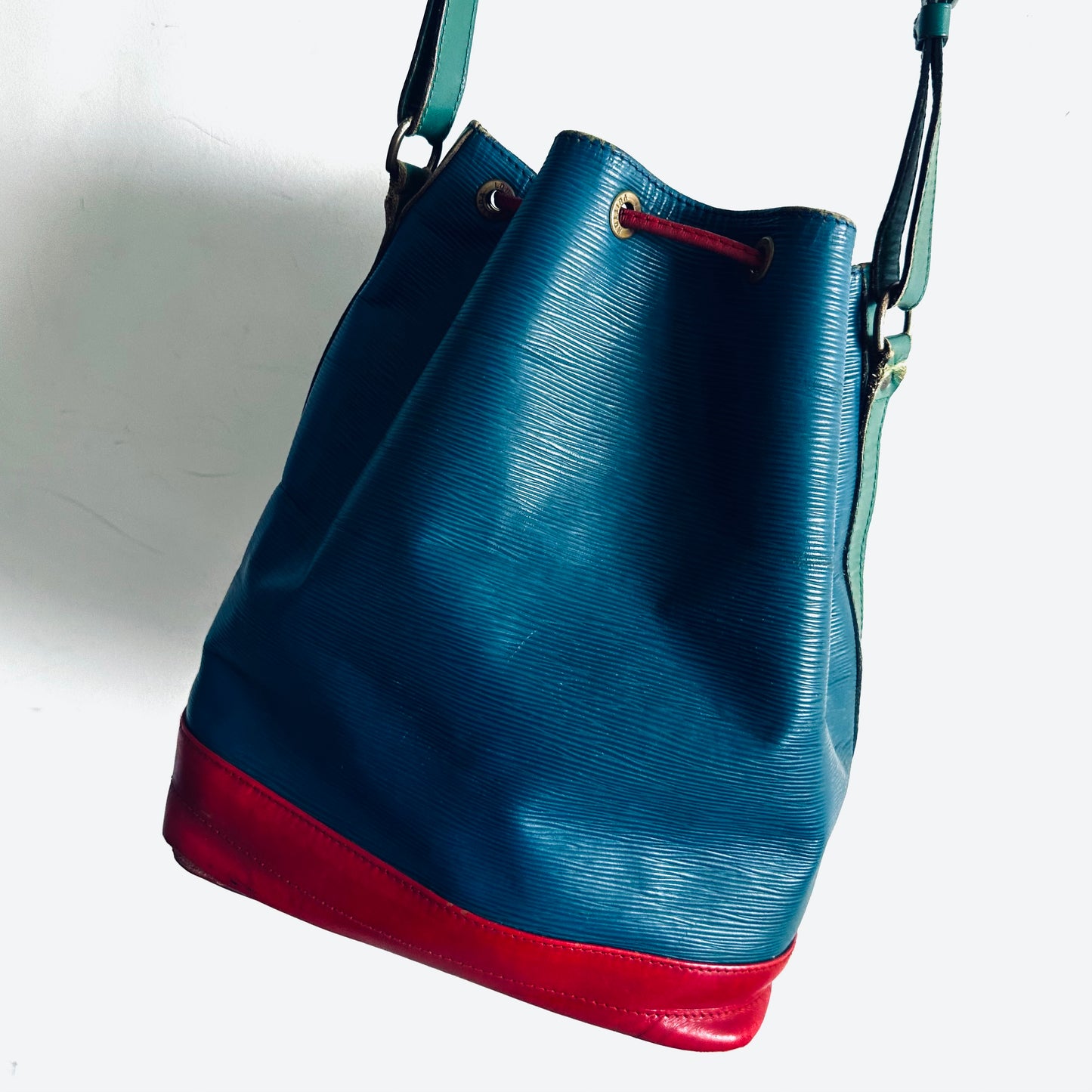 Louis Vuitton LV Red / Blue / Green GHW Epi Leather Petit Noe Bucket Monogram Logo Shoulder Sling Bag