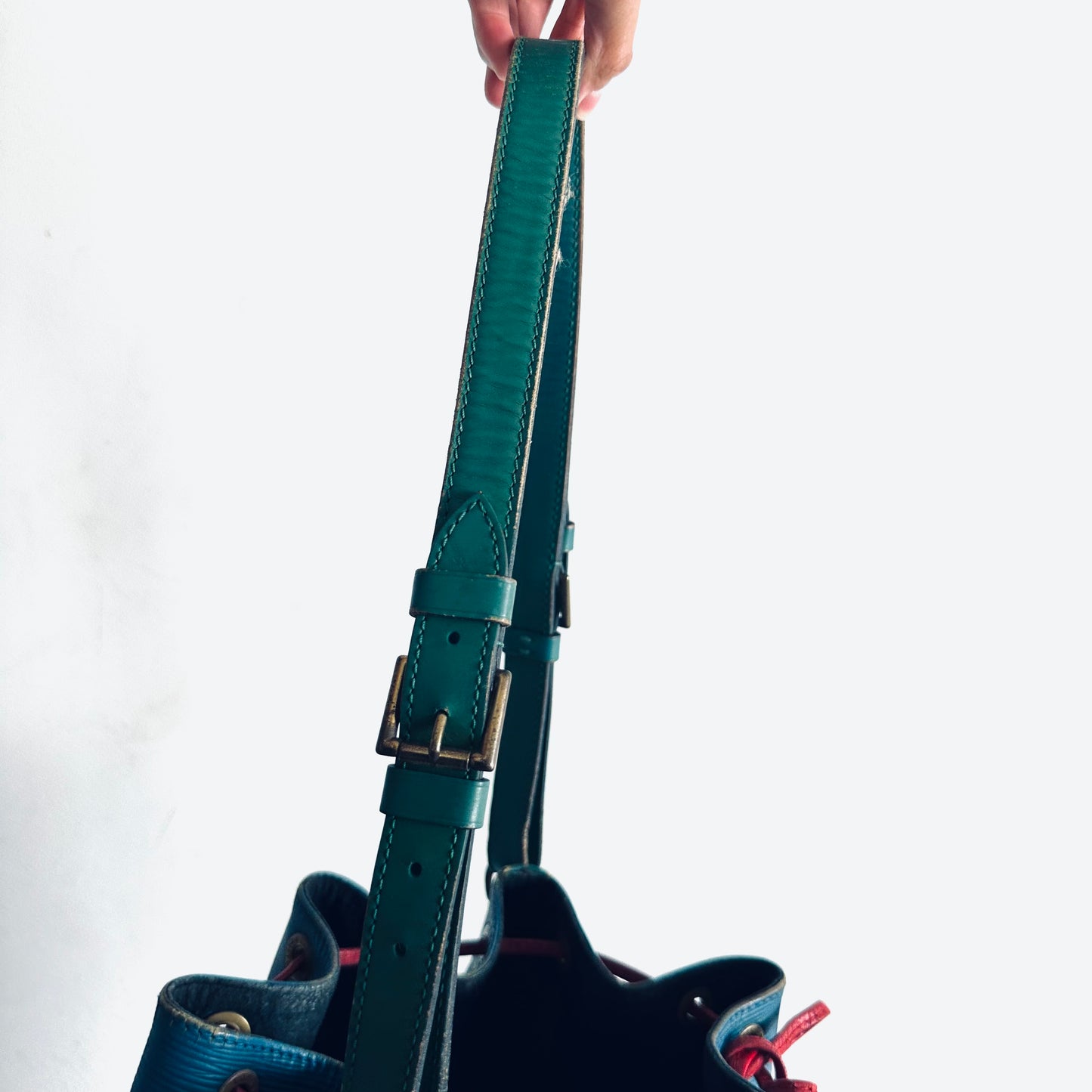 Louis Vuitton LV Red / Blue / Green GHW Epi Leather Petit Noe Bucket Monogram Logo Shoulder Sling Bag