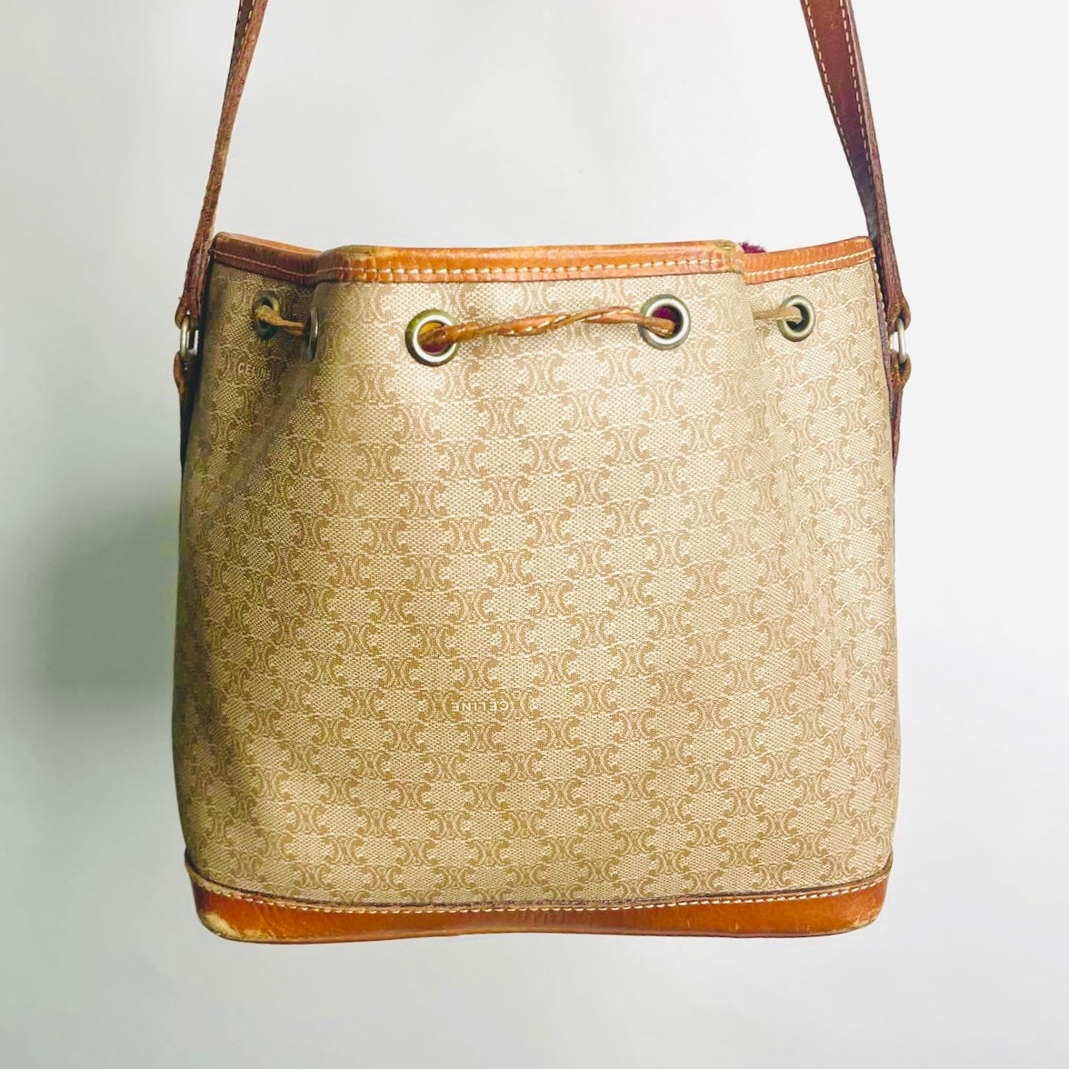 Celine Beige Triomphe Macadam Monogram Logo Vintage Bucket Drawstring Shoulder Sling Bag