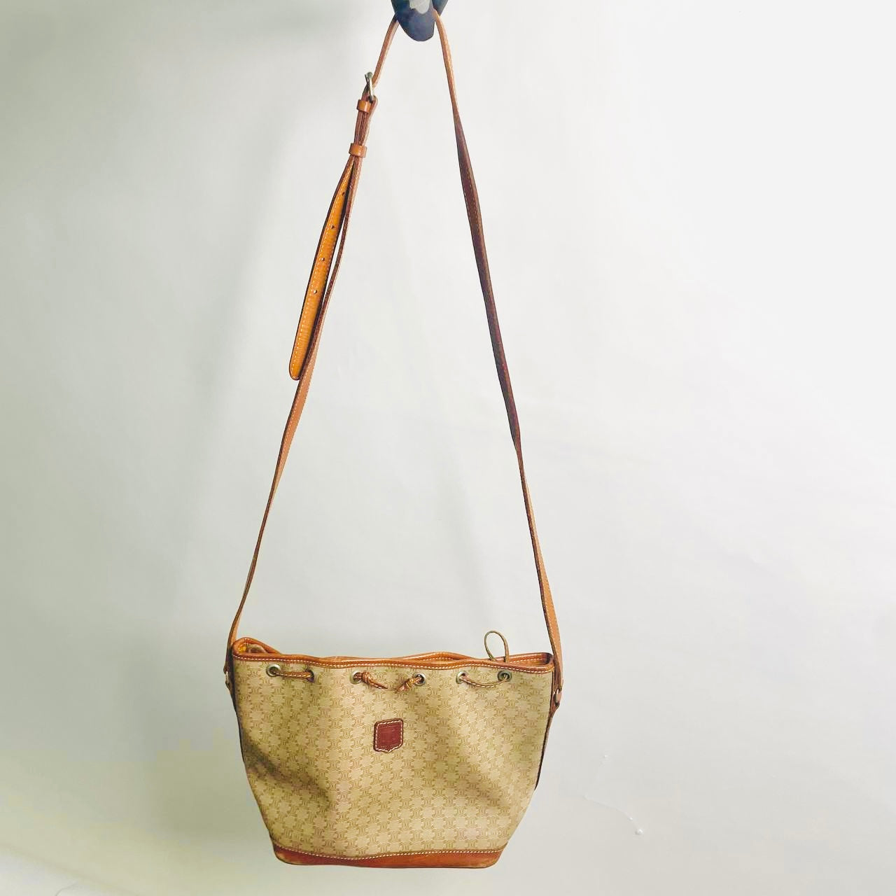 Celine Beige Triomphe Macadam Monogram Logo Vintage Bucket Drawstring Shoulder Sling Bag