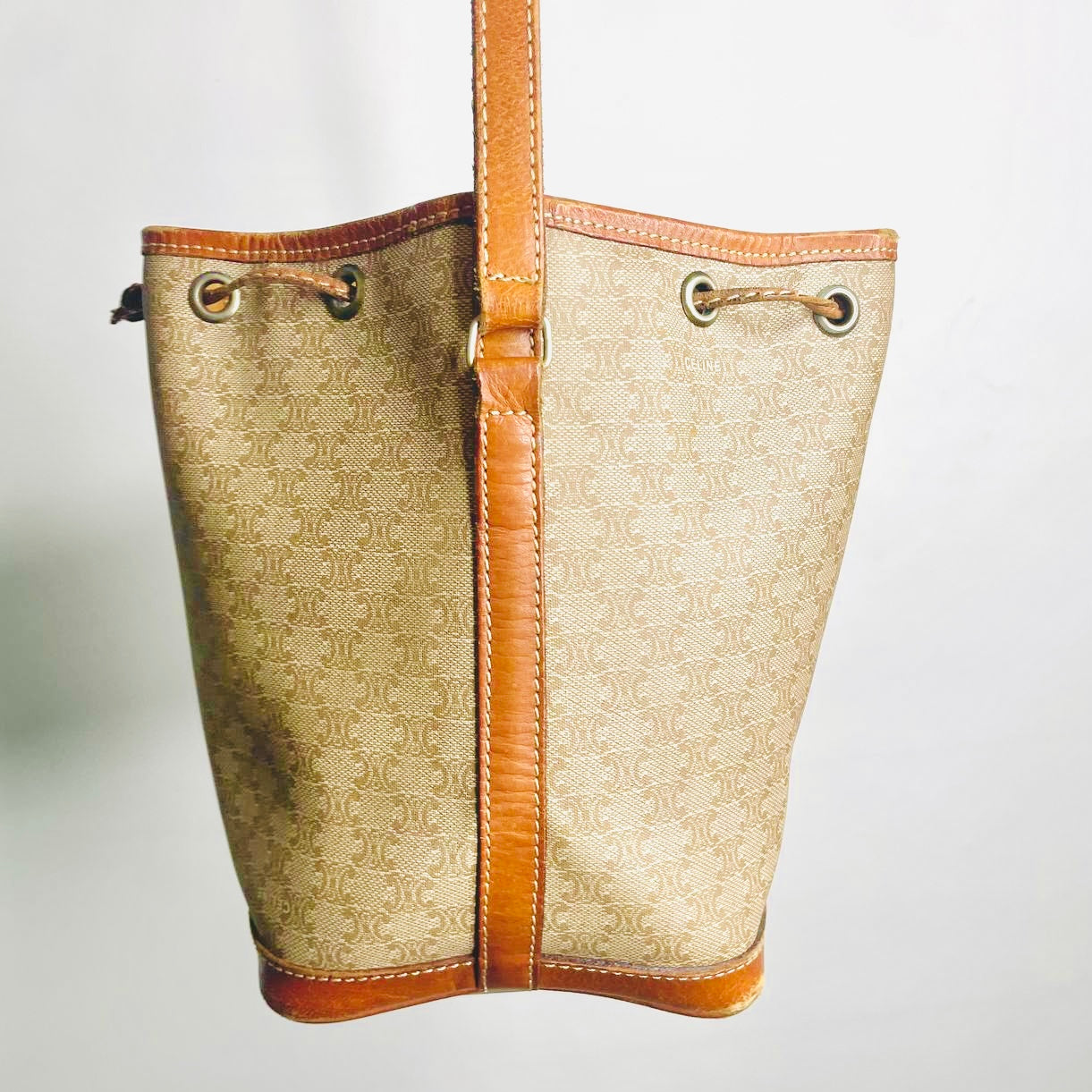 Celine Beige Triomphe Macadam Monogram Logo Vintage Bucket Drawstring Shoulder Sling Bag