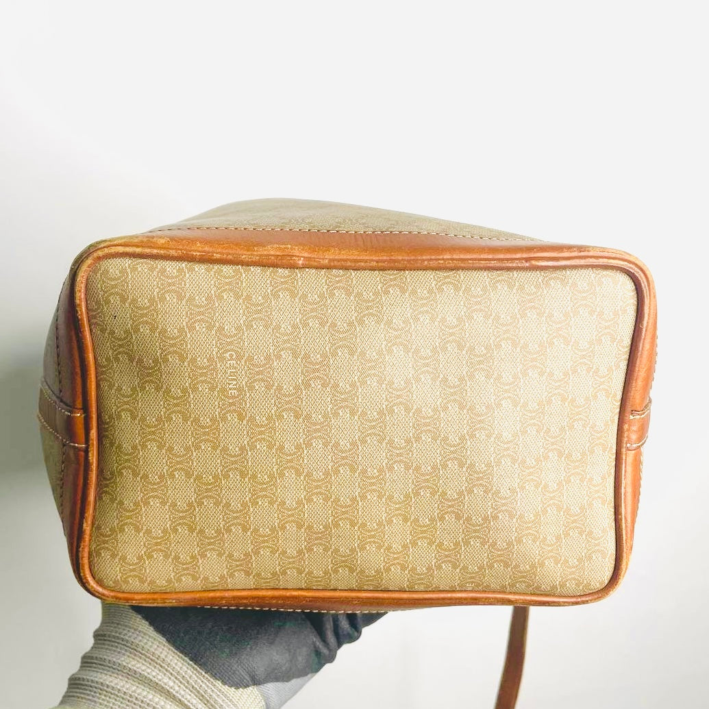 Celine Beige Triomphe Macadam Monogram Logo Vintage Bucket Drawstring Shoulder Sling Bag