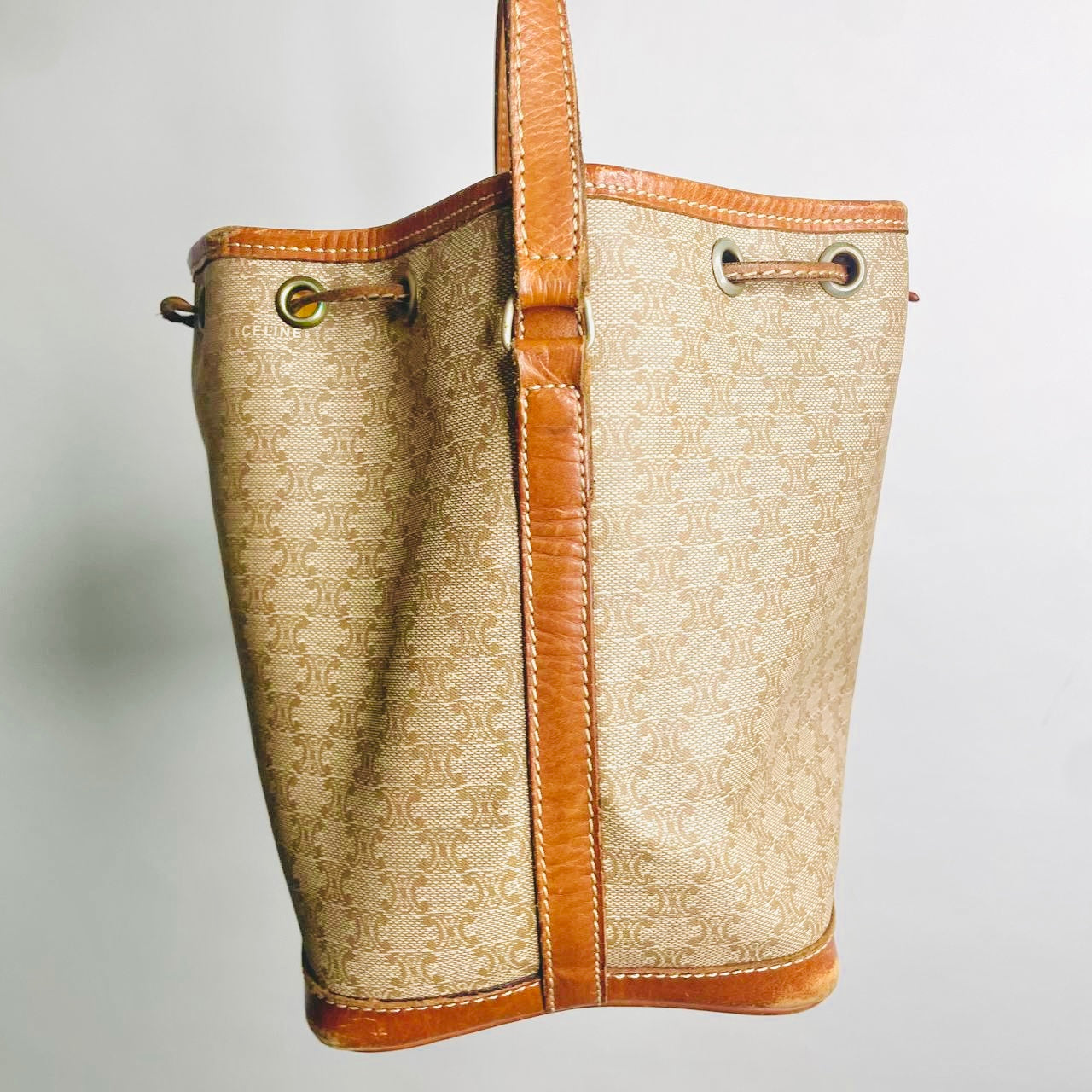 Celine Beige Triomphe Macadam Monogram Logo Vintage Bucket Drawstring Shoulder Sling Bag