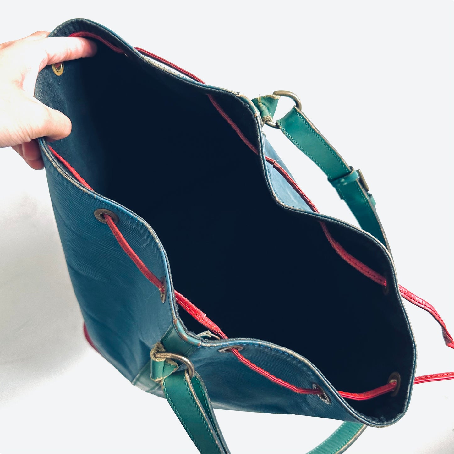 Louis Vuitton LV Red / Blue / Green GHW Epi Leather Petit Noe Bucket Monogram Logo Shoulder Sling Bag