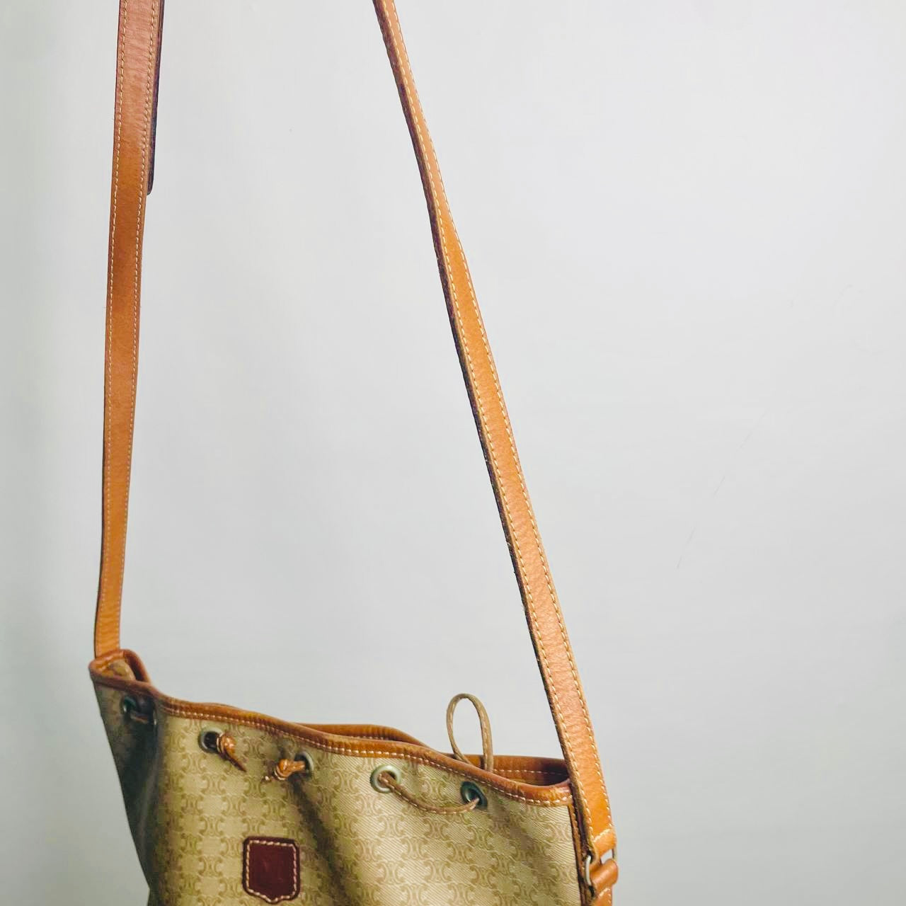 Celine Beige Triomphe Macadam Monogram Logo Vintage Bucket Drawstring Shoulder Sling Bag